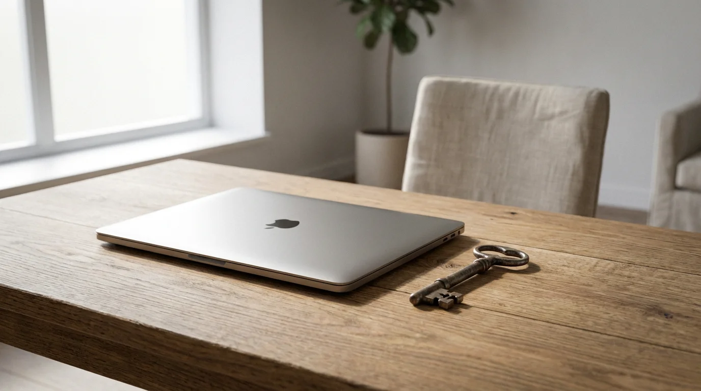 An old skeleton key lying uselessly next to a closed modern laptop on a desk.