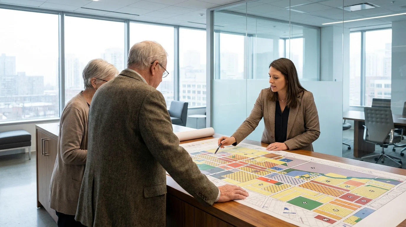 An older couple at a city planning department reviewing a large zoning map.
