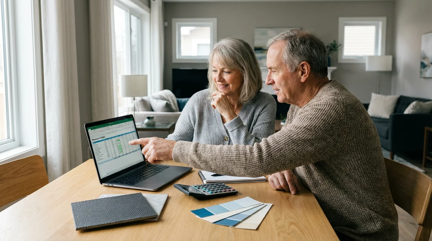 An older couple at a dining table planning their home renovation budget on a laptop.