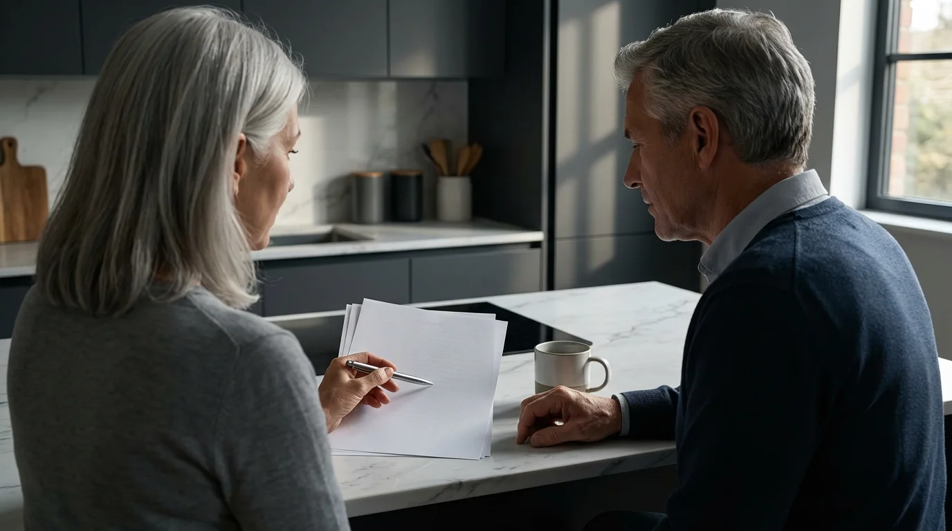 An older couple at a kitchen island reviewing long-term care insurance application documents.