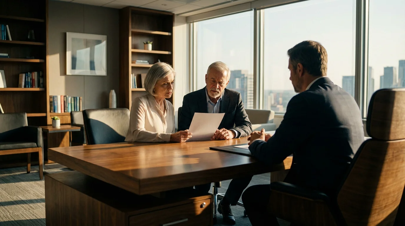 An older couple seriously reviewing documents with an advisor in a modern office.