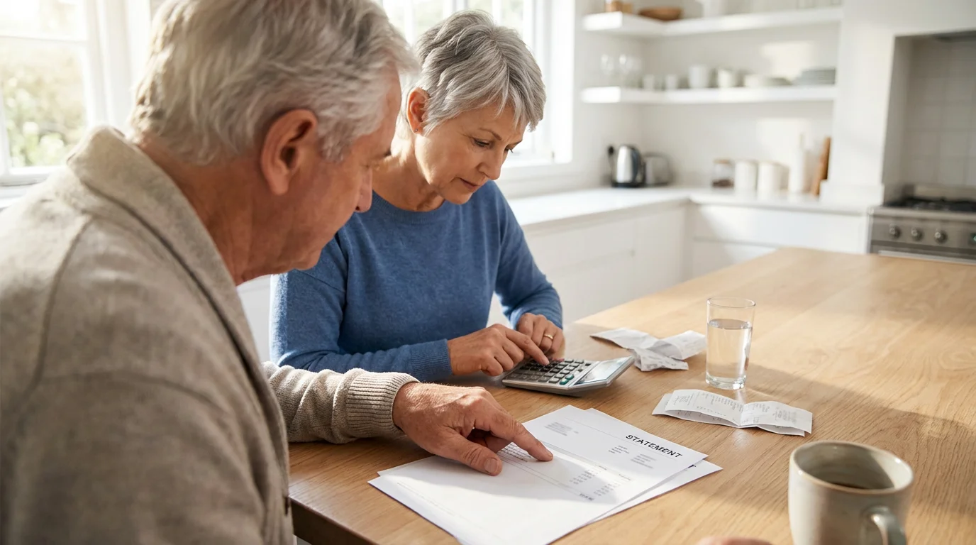 An older couple sits at a table managing finances with a calculator and bills.