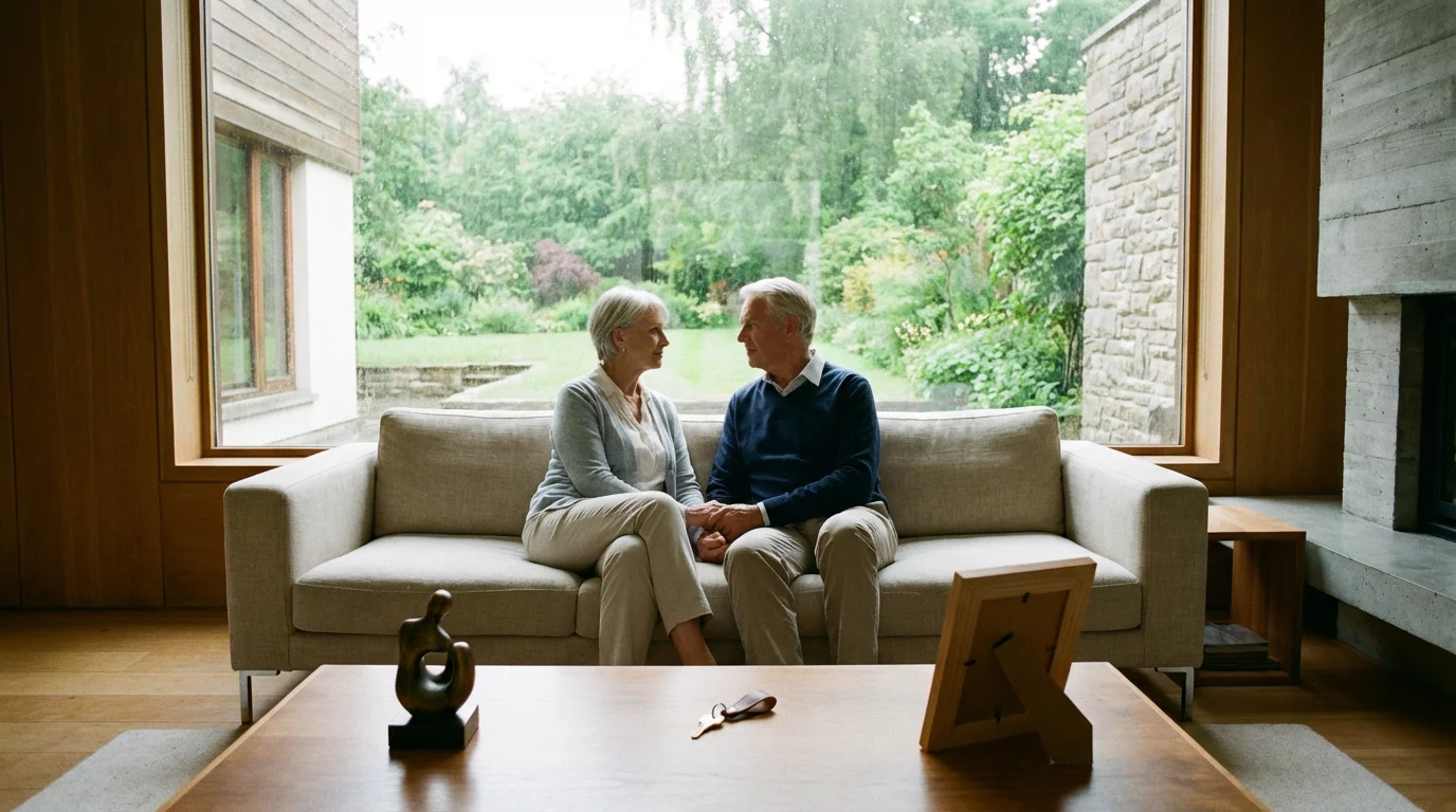 An older couple sitting in a bright, modern living room, contemplating their holistic estate plan.