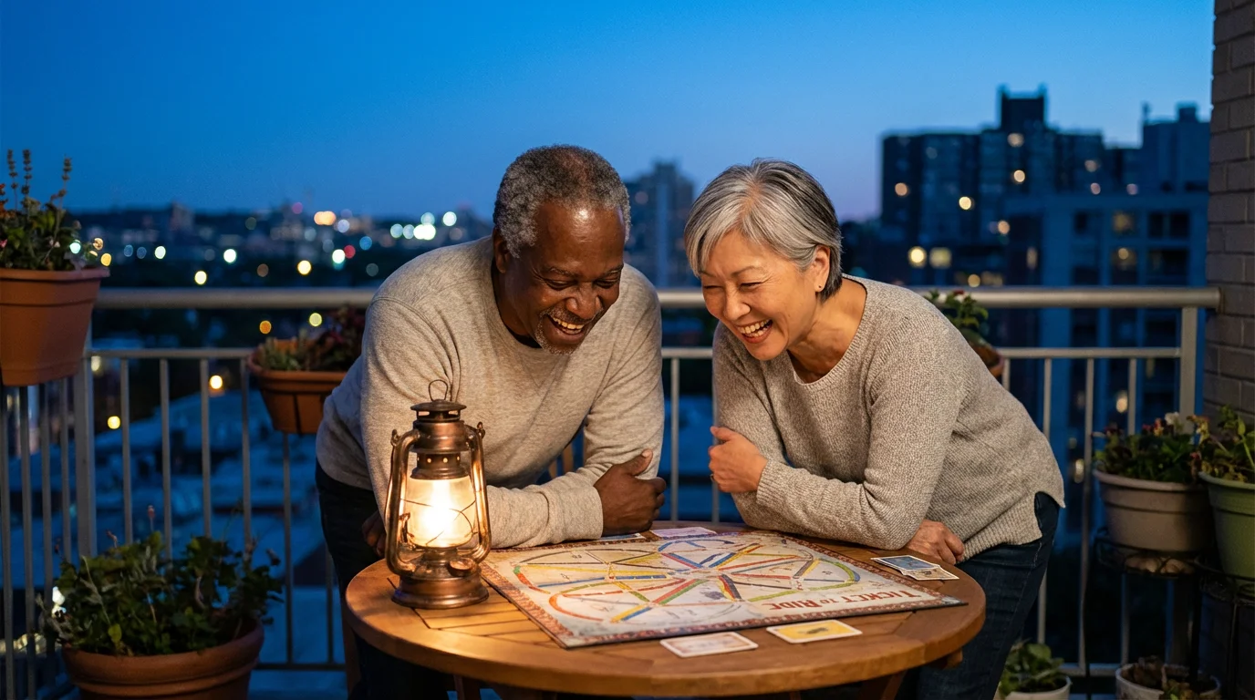 An older interracial couple laughing together while playing a board game on a balcony at dusk.