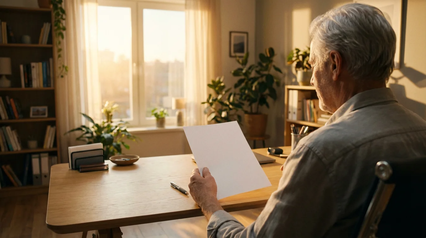 An older man at a desk reviews a document during golden hour, representing pension planning.