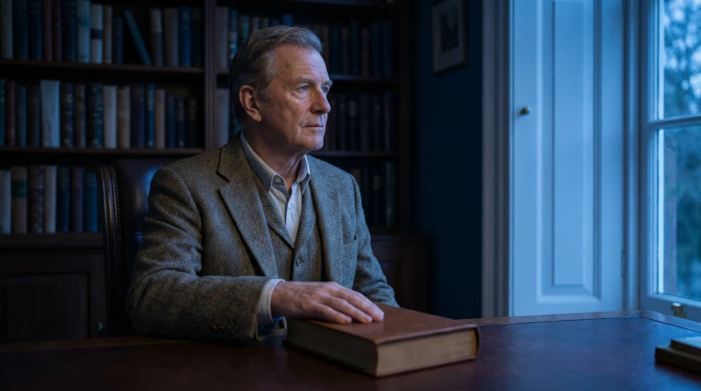 An older man in a home library at dusk, resting his hand on a book.