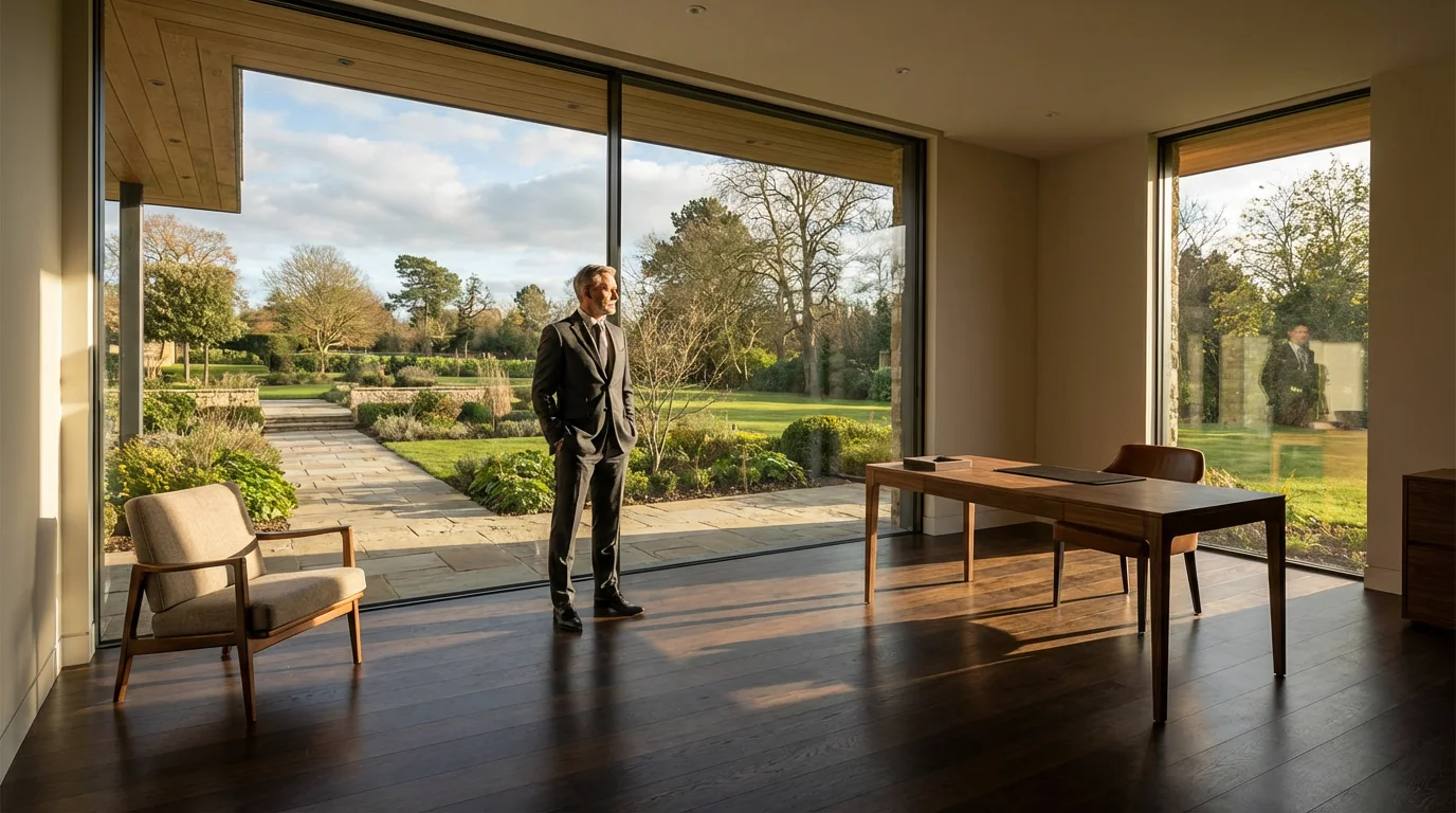 An older man in a modern home office thoughtfully looking out a window.