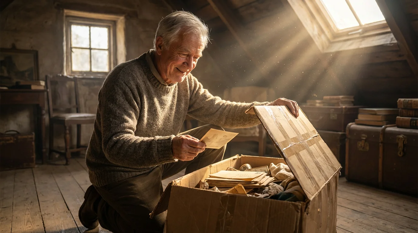 An older man in a sunlit attic looking at old family photographs from a box.