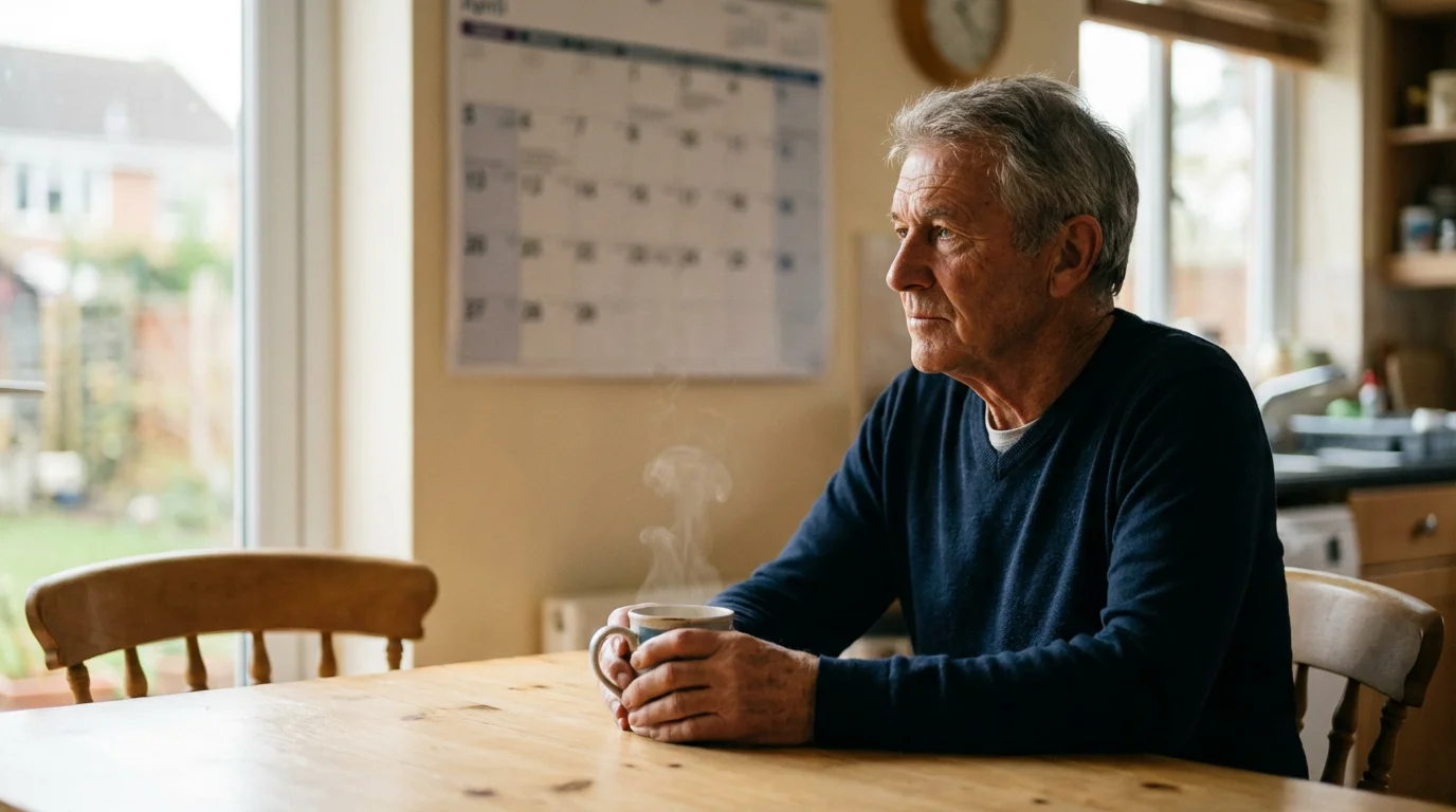An older man sits at a table with a coffee mug, looking thoughtfully at a blurred wall calendar.