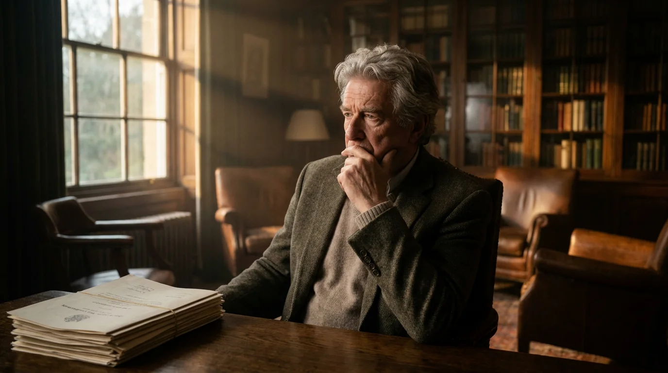 An older man sits at his desk in the late afternoon, looking thoughtfully out a window.