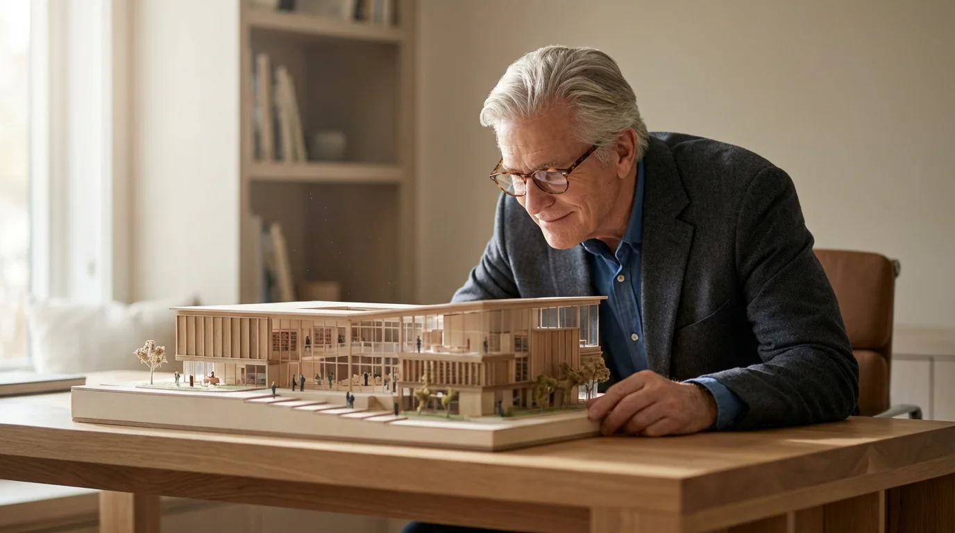 An older man thoughtfully reviews a detailed architectural model of a building in a sunlit office.