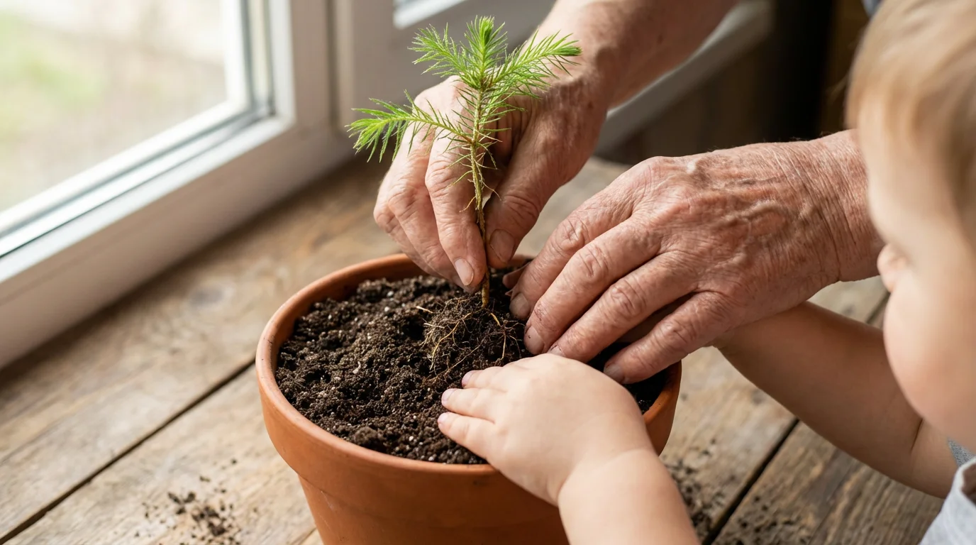 An older person and a child's hands carefully potting a small green sapling.