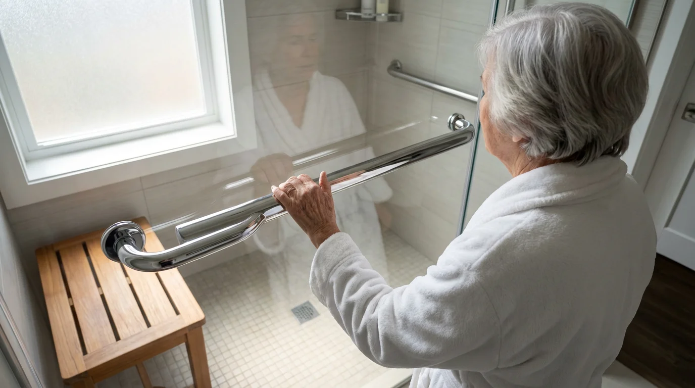 An older person uses a grab bar in an accessible, modern walk-in shower.