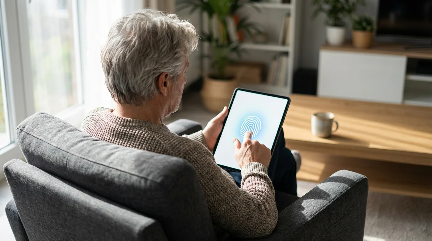 An older person uses a tablet's fingerprint scanner for secure financial account access.