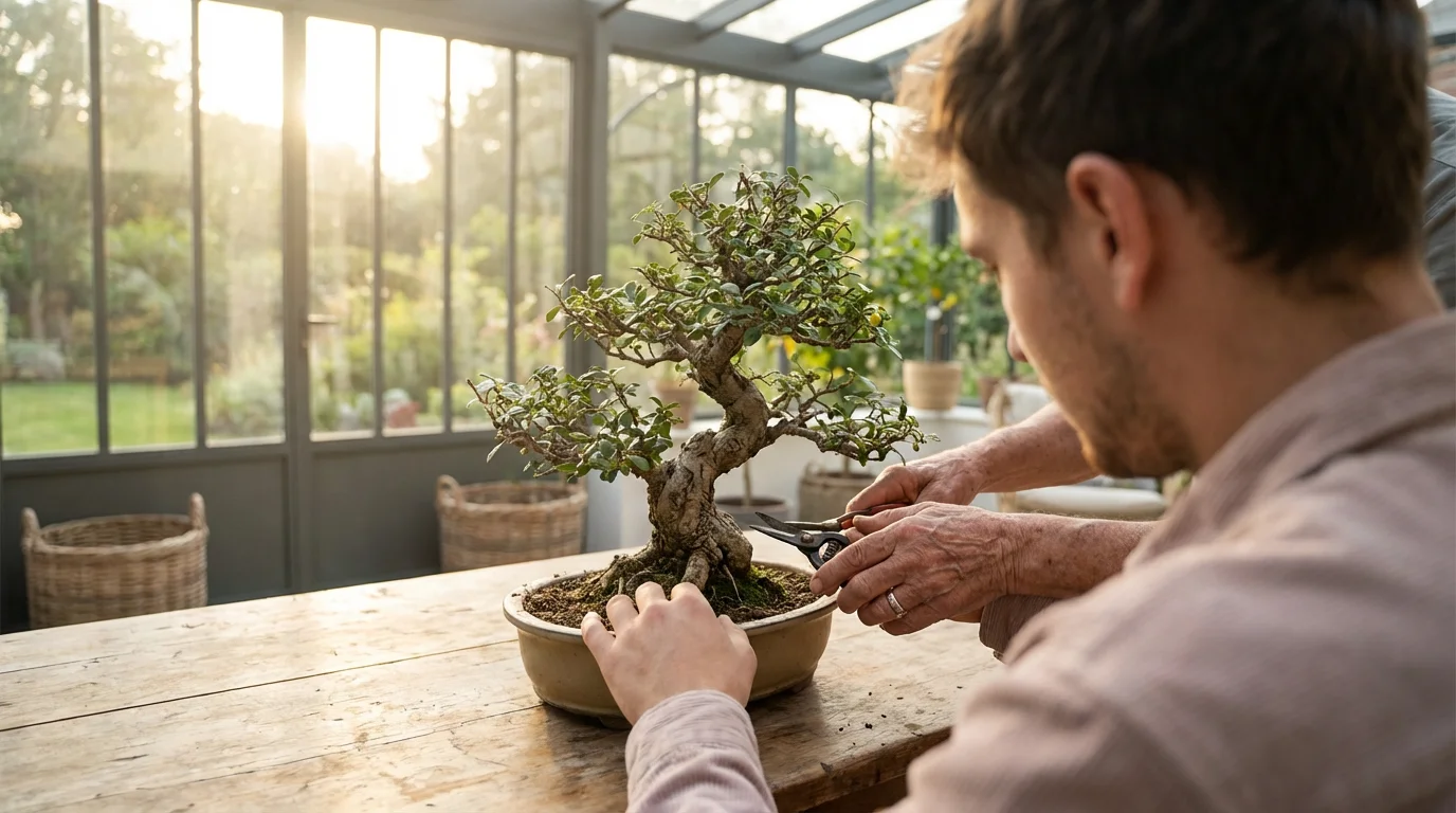 An older person's hands guiding a younger person's hands to prune a bonsai tree.