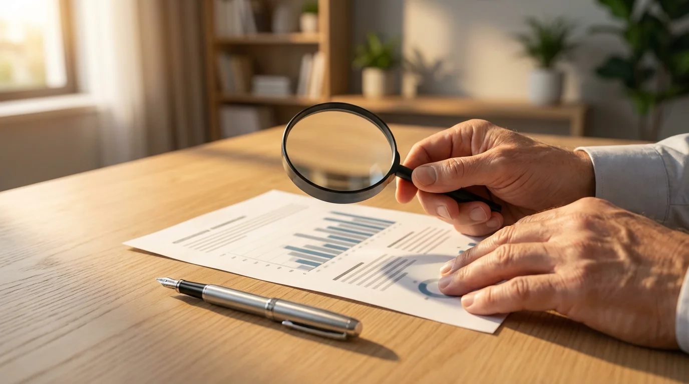 An older person's hands using a magnifying glass to examine a policy document's features.