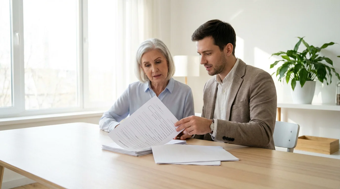 An older woman and her representative calmly review Medicare appeal documents in a brightly lit room.