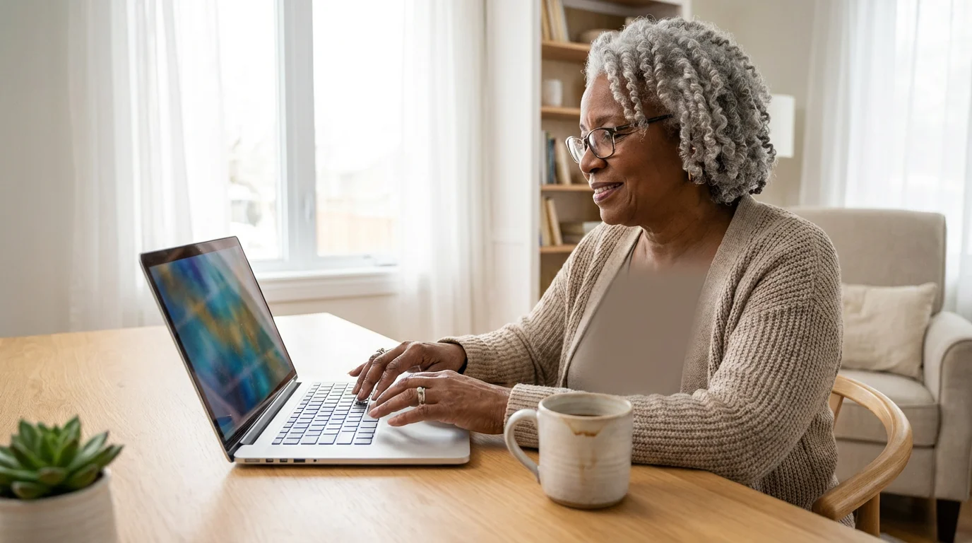 An older woman at a desk with a laptop making an online charitable donation.