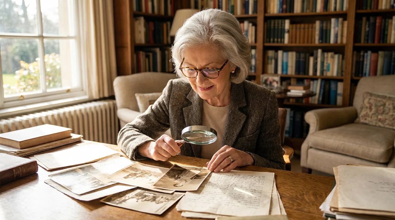 An older woman at a sunlit desk researching her family history with old photographs.