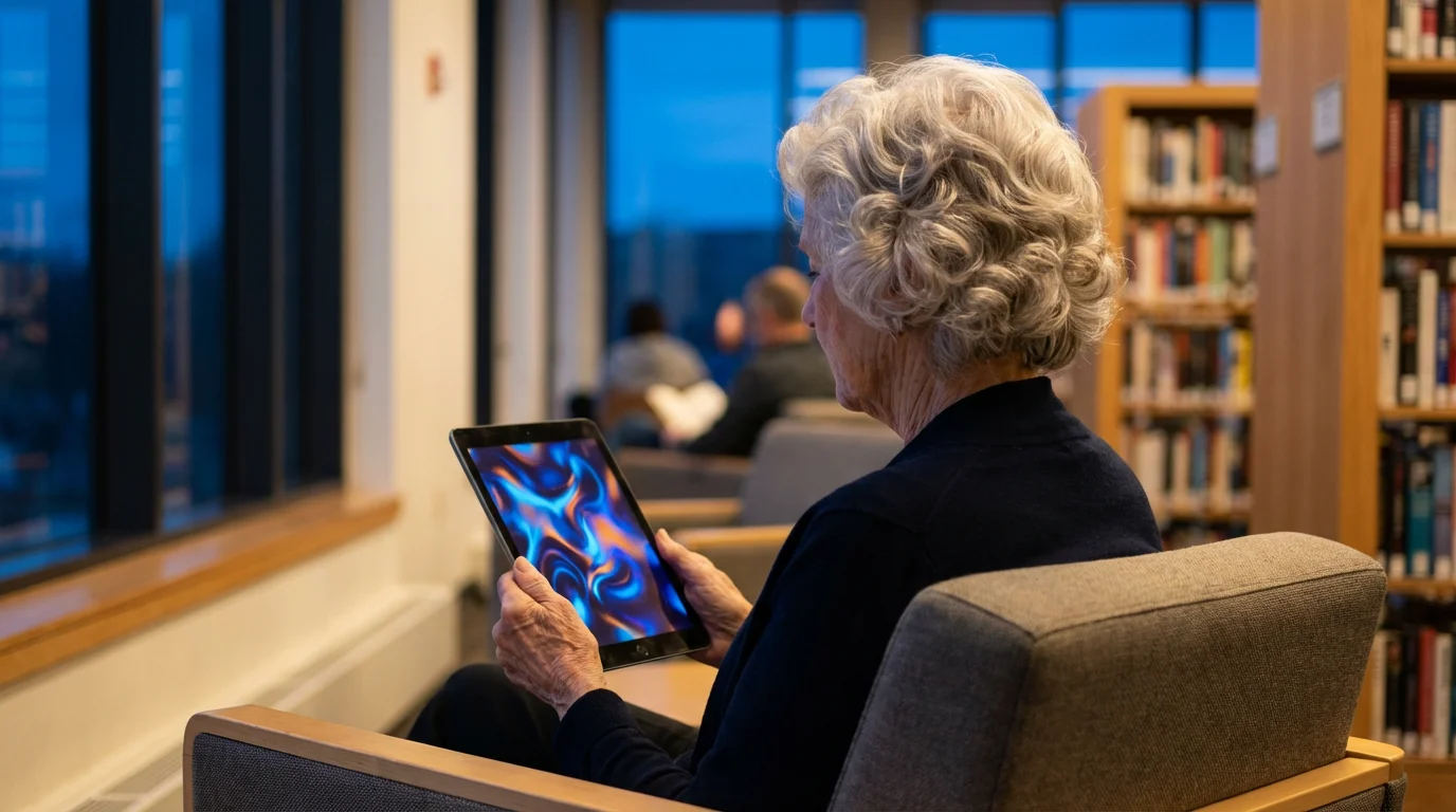 An older woman in a library at dusk, learning on a digital tablet.