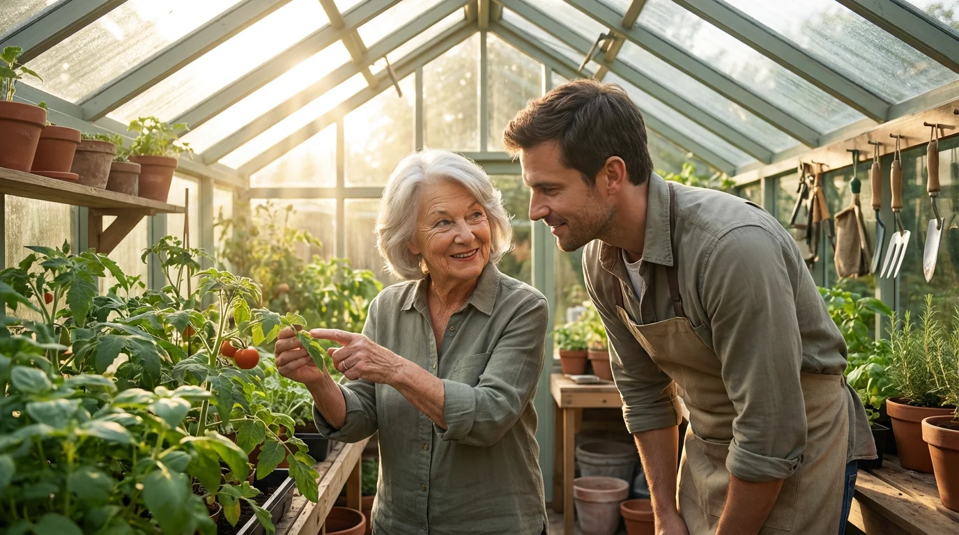 An older woman mentoring a young man in a sunlit home greenhouse.