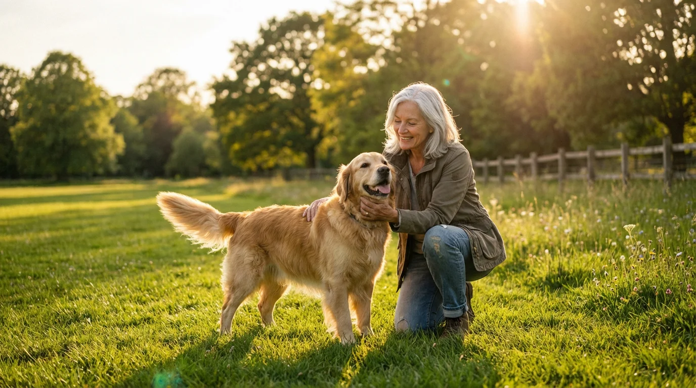 An older woman petting a happy dog in a grassy field at sunset.