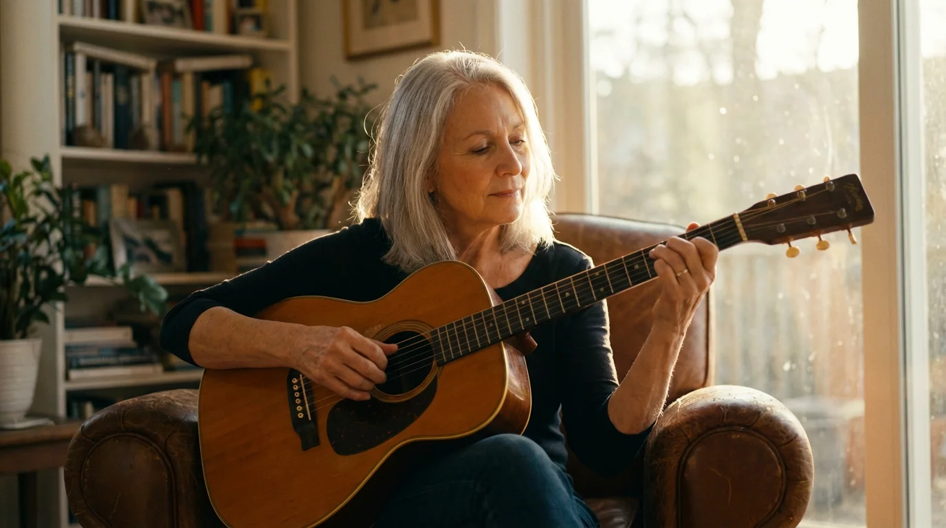 An older woman playing an acoustic guitar in a sunlit living room during golden hour.