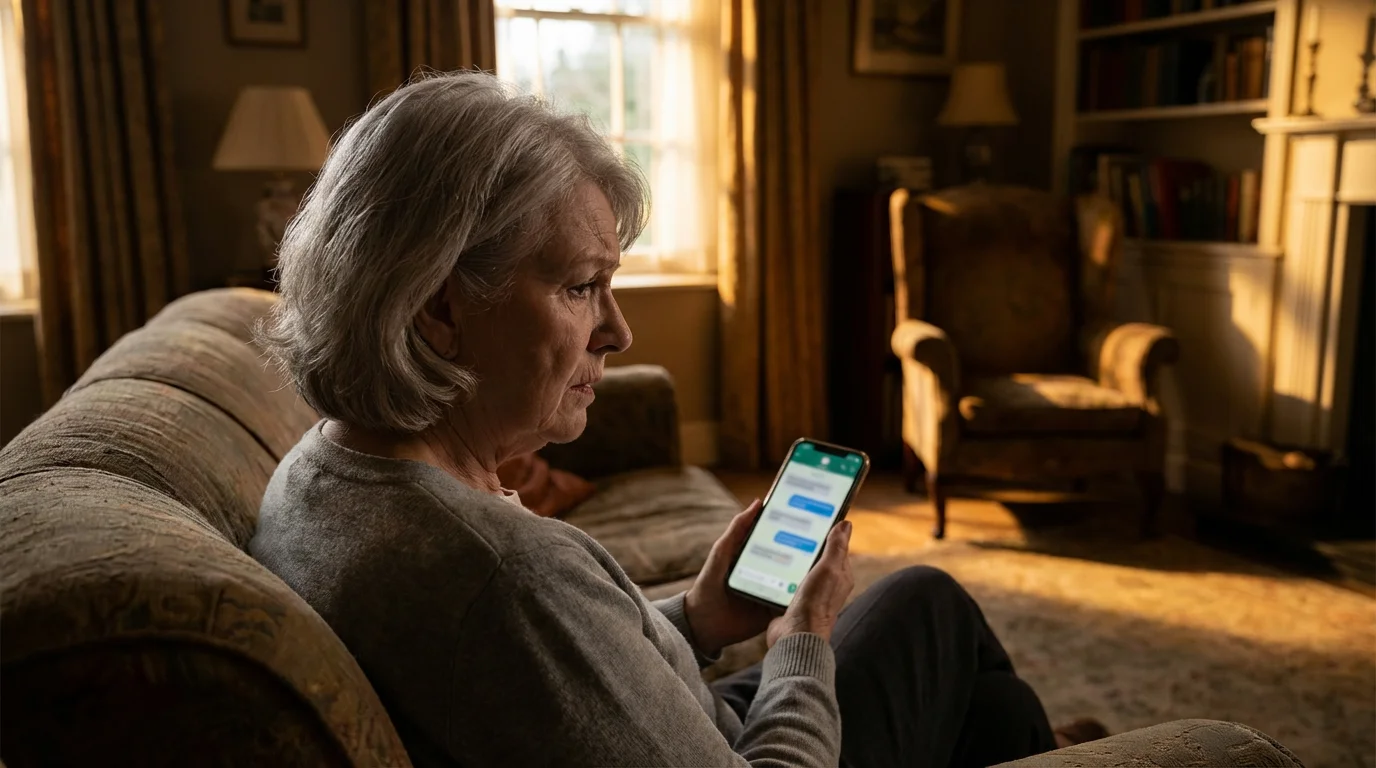 An older woman sits on her couch, looking at her smartphone with concern.