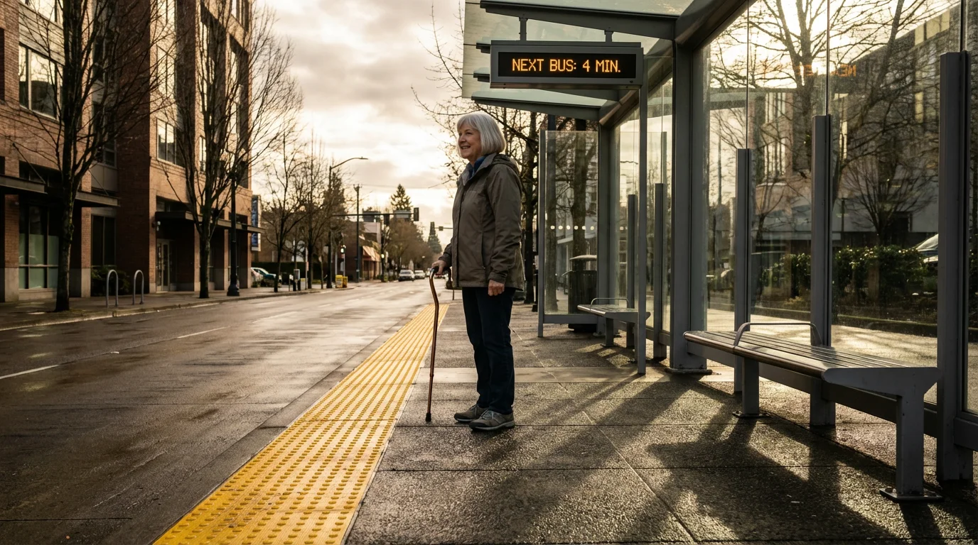 An older woman waits independently at a modern, accessible city bus stop in the afternoon.