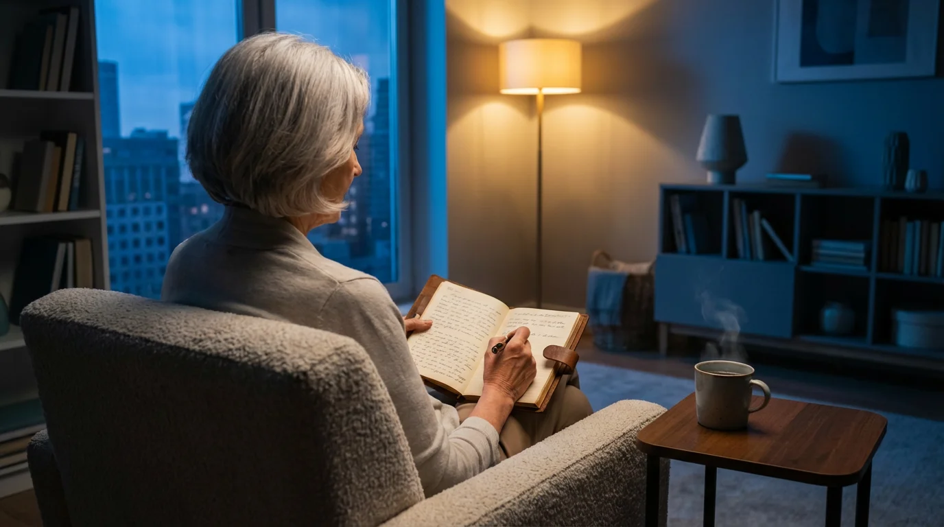 An older woman writing in a journal with a fountain pen during evening blue hour.