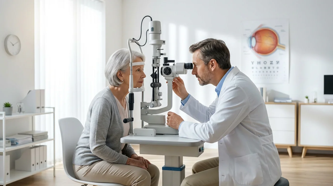An ophthalmologist performs a diagnostic eye exam on a senior woman in a bright office.