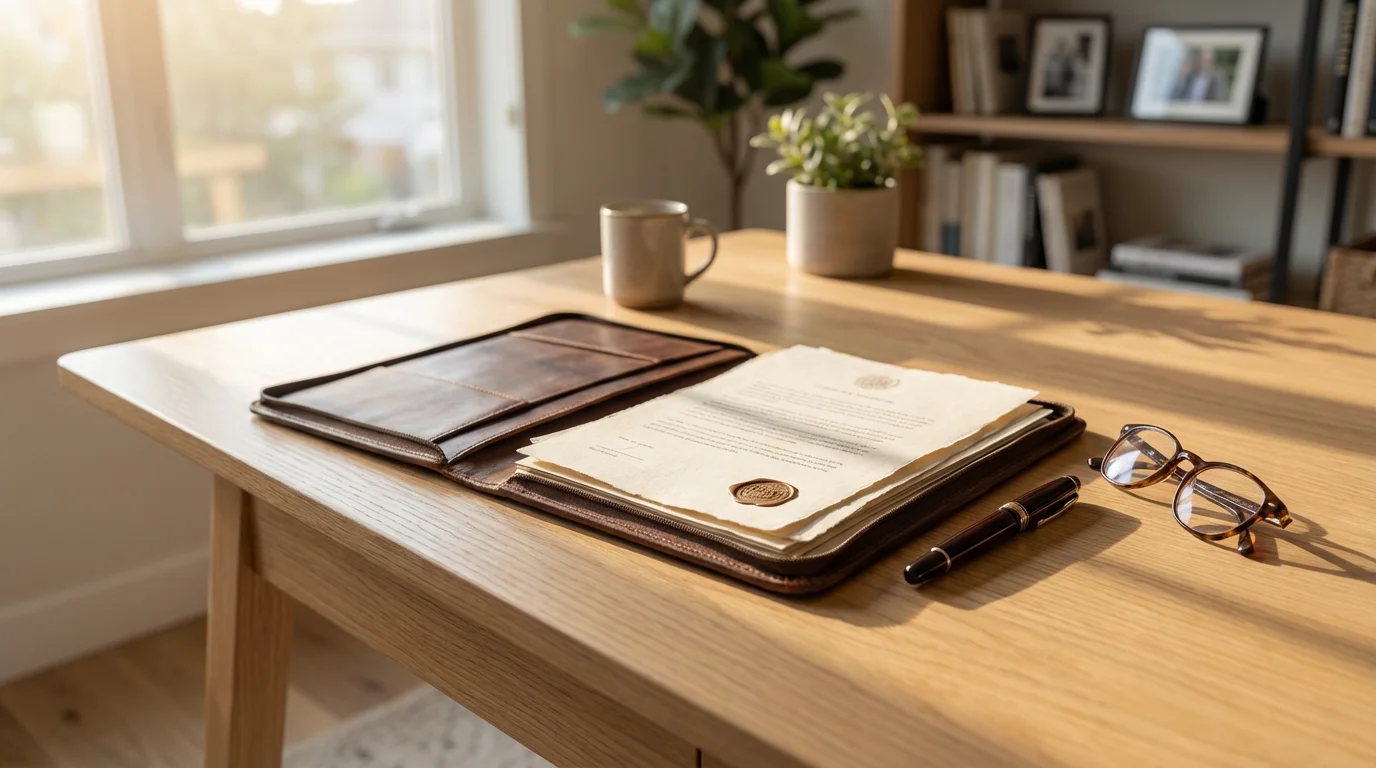 An organized desk with a leather portfolio of documents for estate planning.