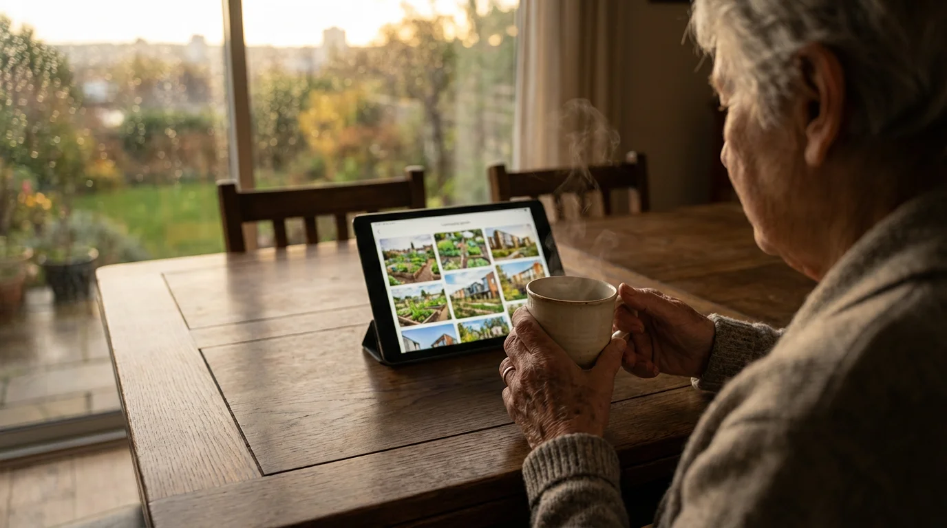An over-the-shoulder shot of a senior person holding a mug, contemplating retirement options.