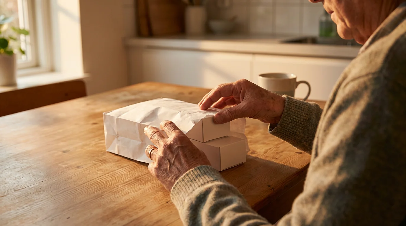 An over-the-shoulder shot of senior hands unpacking prescription boxes from a pharmacy bag.