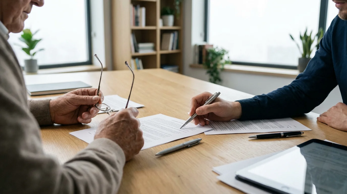 An over-the-shoulder view of two people reviewing multiple legal documents on a table.