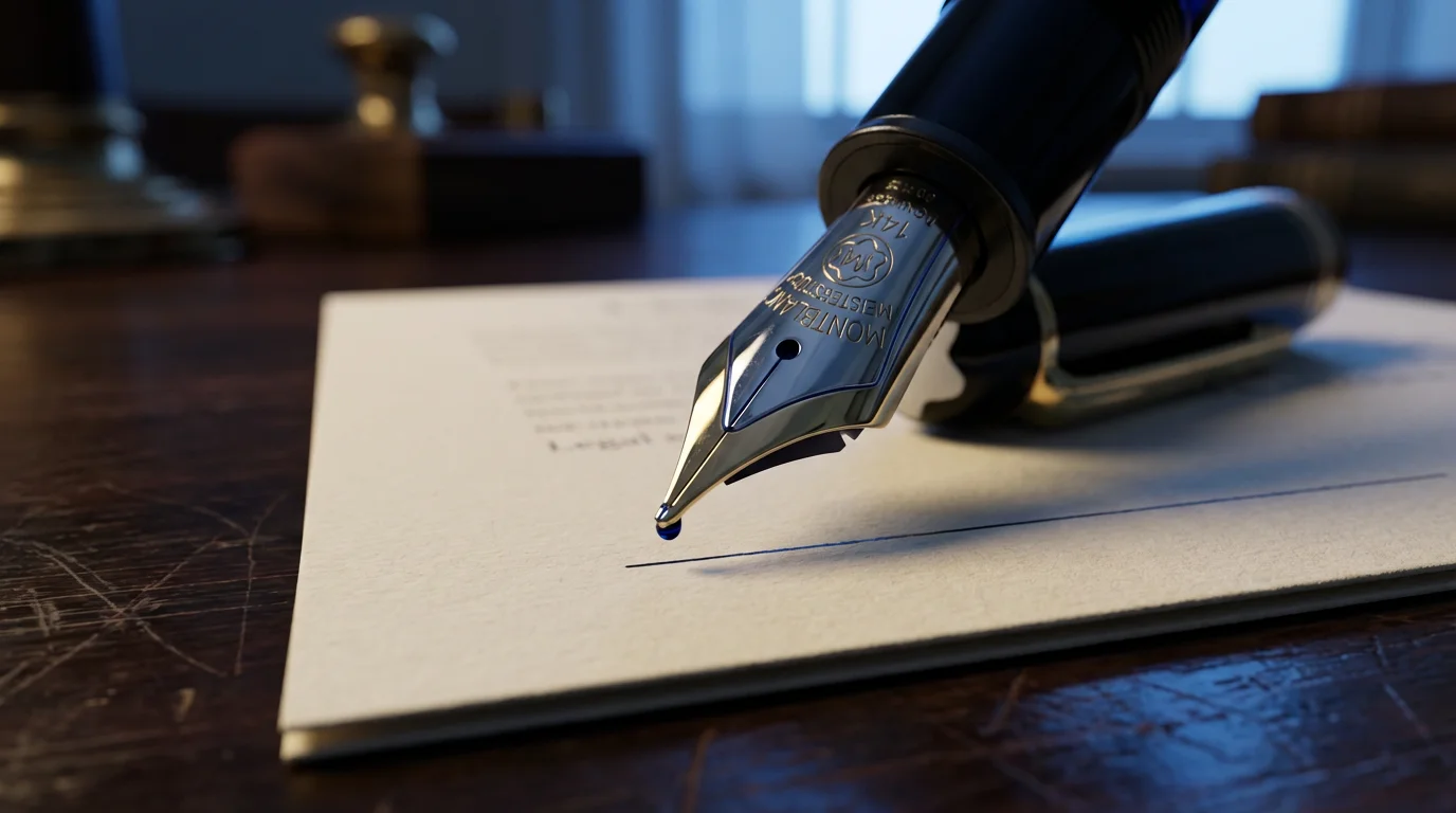 Close-up macro of a fountain pen nib hovering over a signature line on paper.