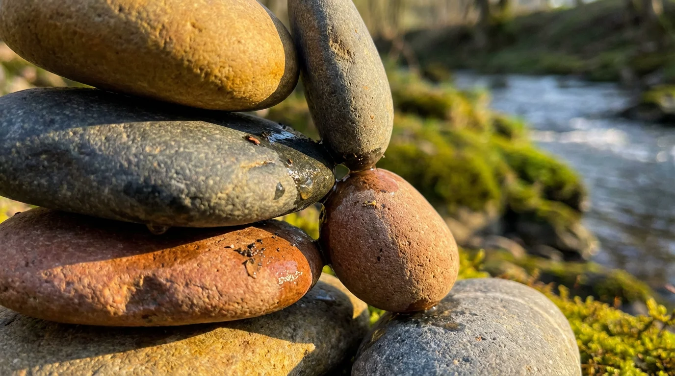 Close-up macro photo of a balanced stone cairn during a warm, golden hour sunset.