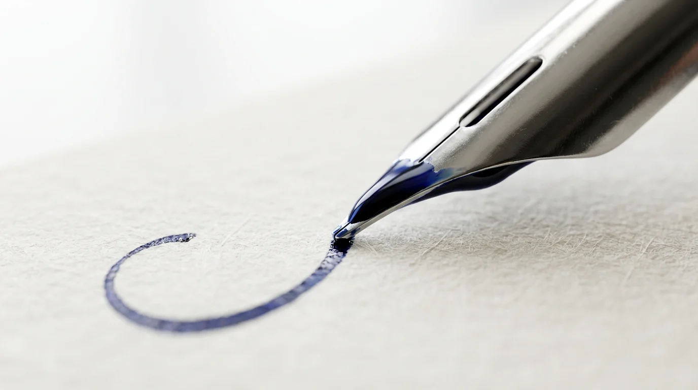 Close-up macro photo of a calligraphy pen nib writing on textured white paper.