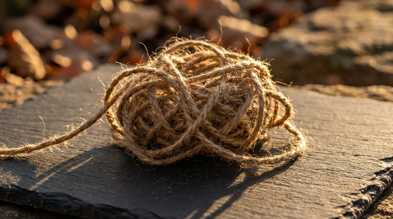 Close-up macro photo of a complex, tangled knot of twine during golden hour.
