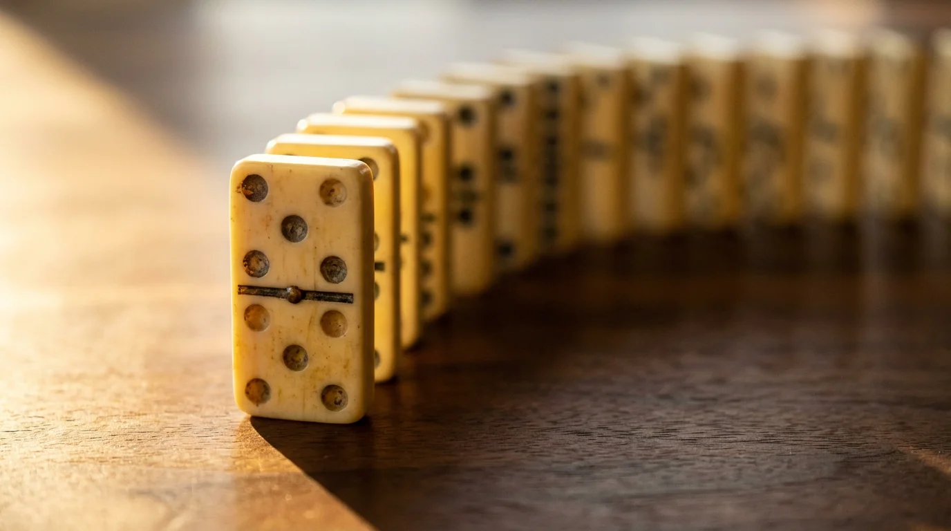 Close-up macro photo of a domino poised to start a chain reaction at sunset.