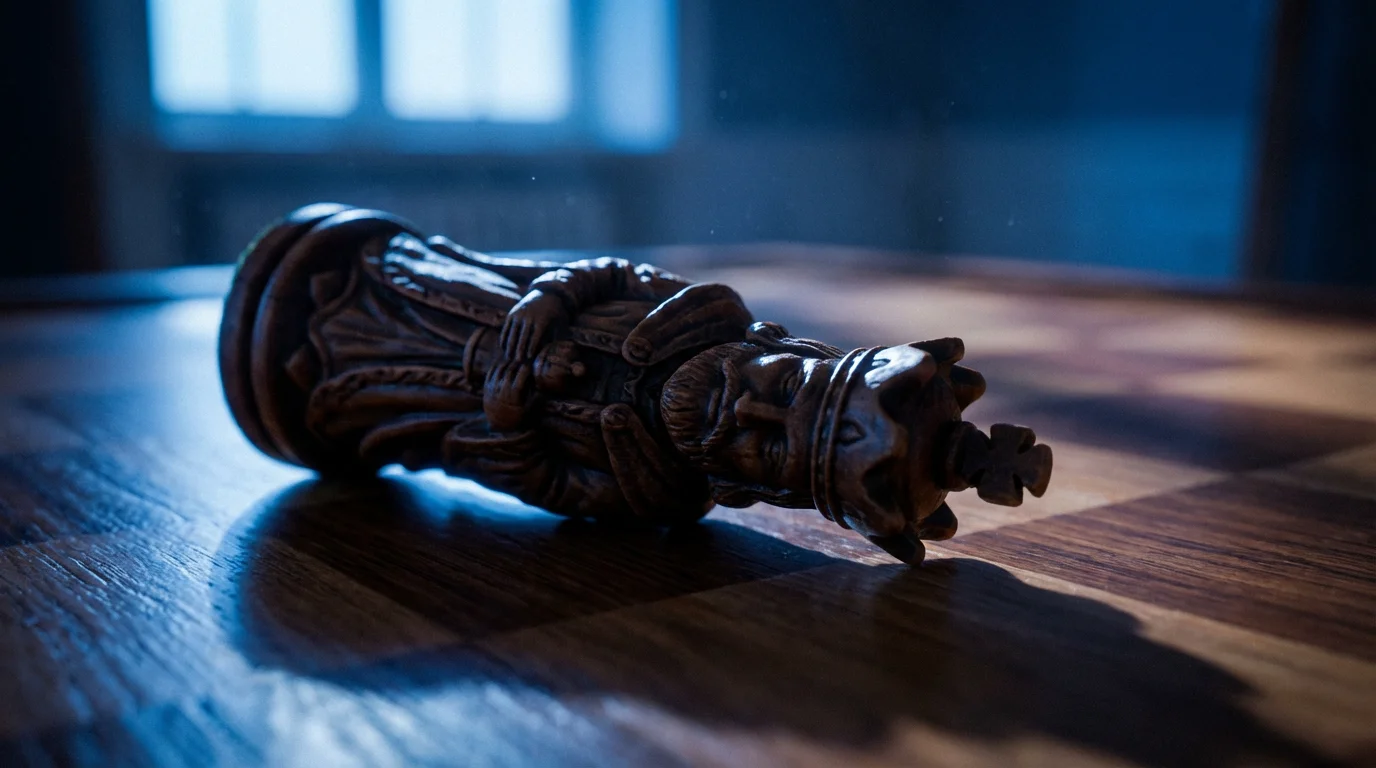 Close-up macro photo of a fallen king chess piece on a board.