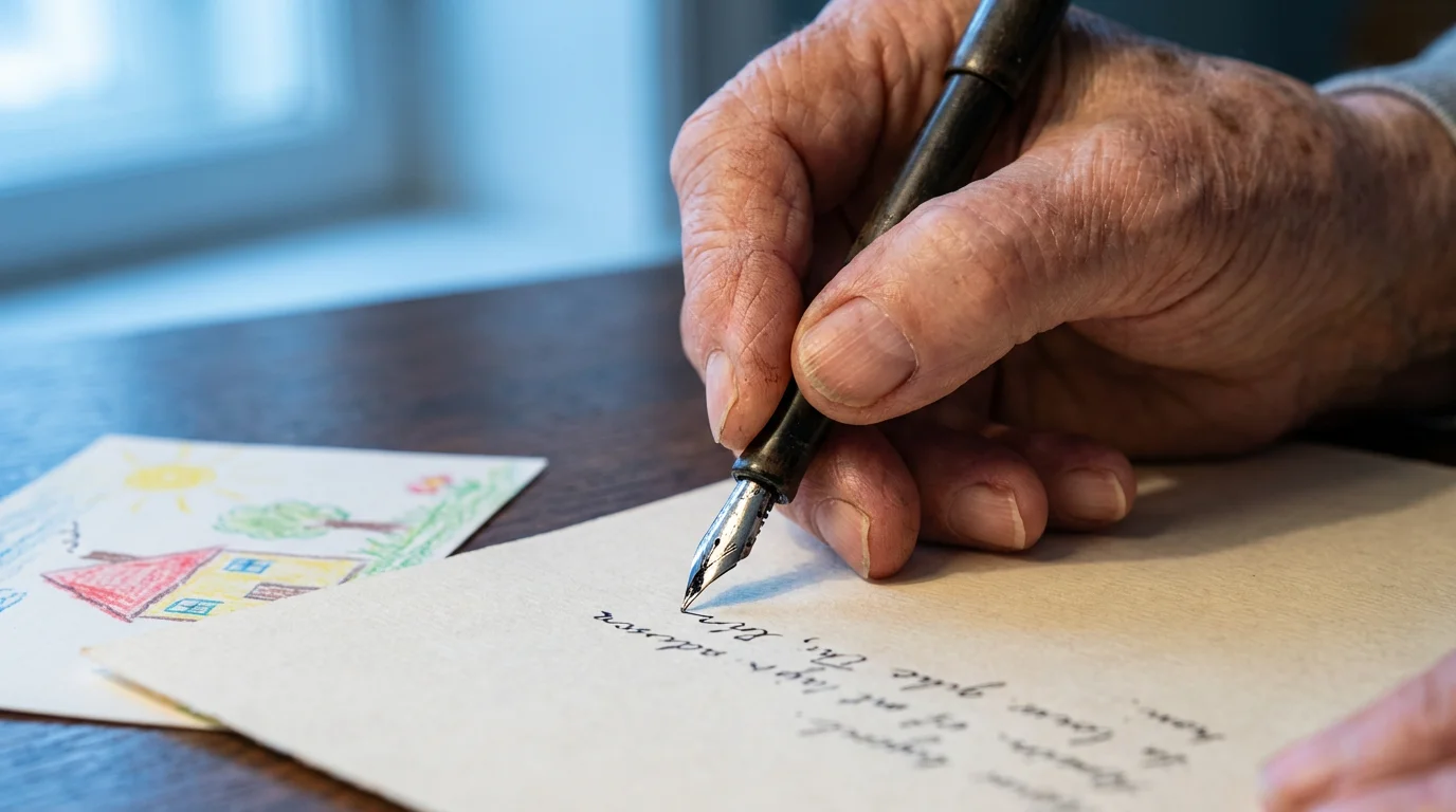 Close-up macro photo of a grandparent's hand writing a thoughtful letter to a grandchild.