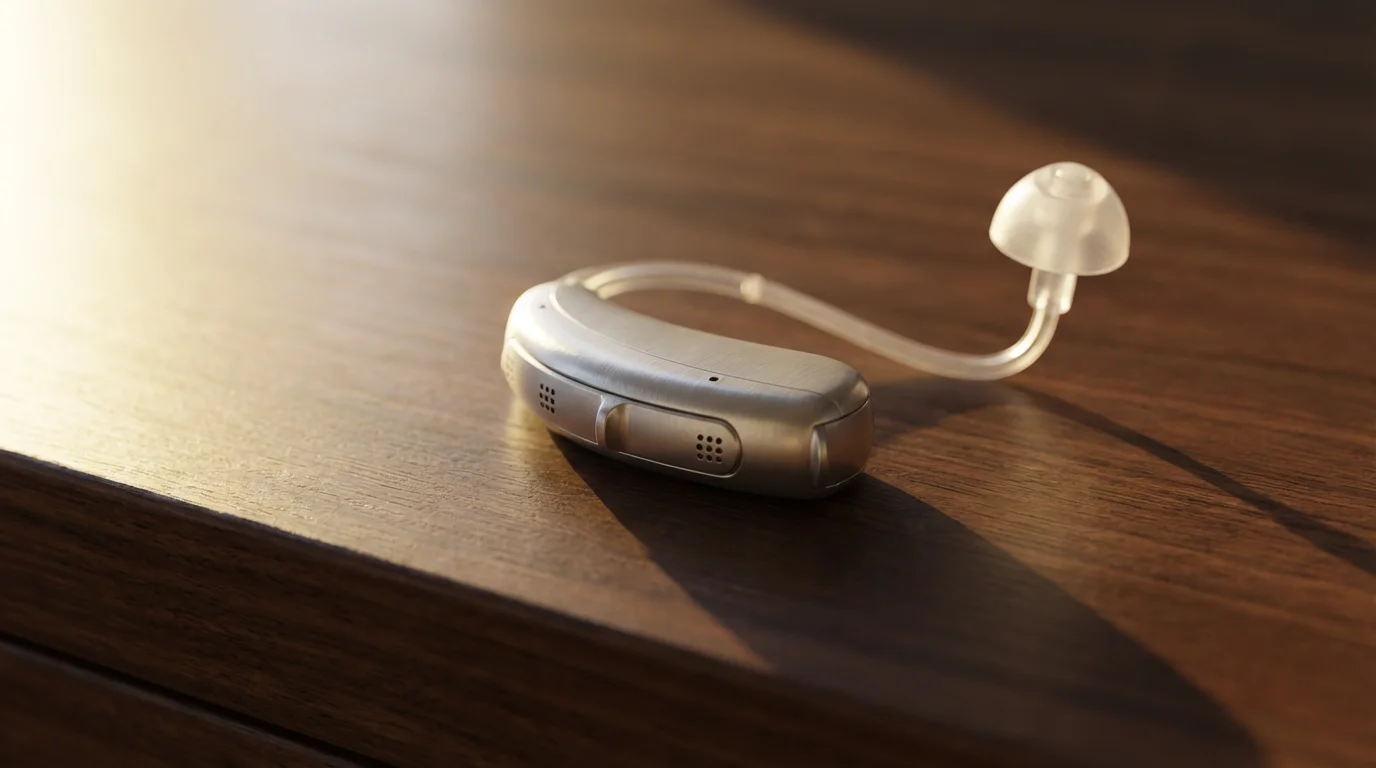 Close-up macro photo of a modern hearing aid on a wooden surface at golden hour.