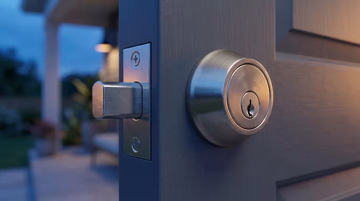 Close-up macro photo of a secure deadbolt lock on a modern front door.