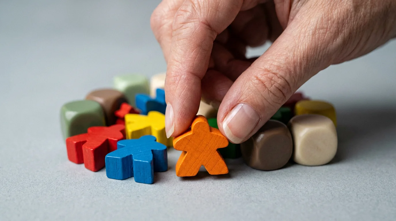 Close-up macro photo of a senior's hand choosing a colorful wooden board game piece.