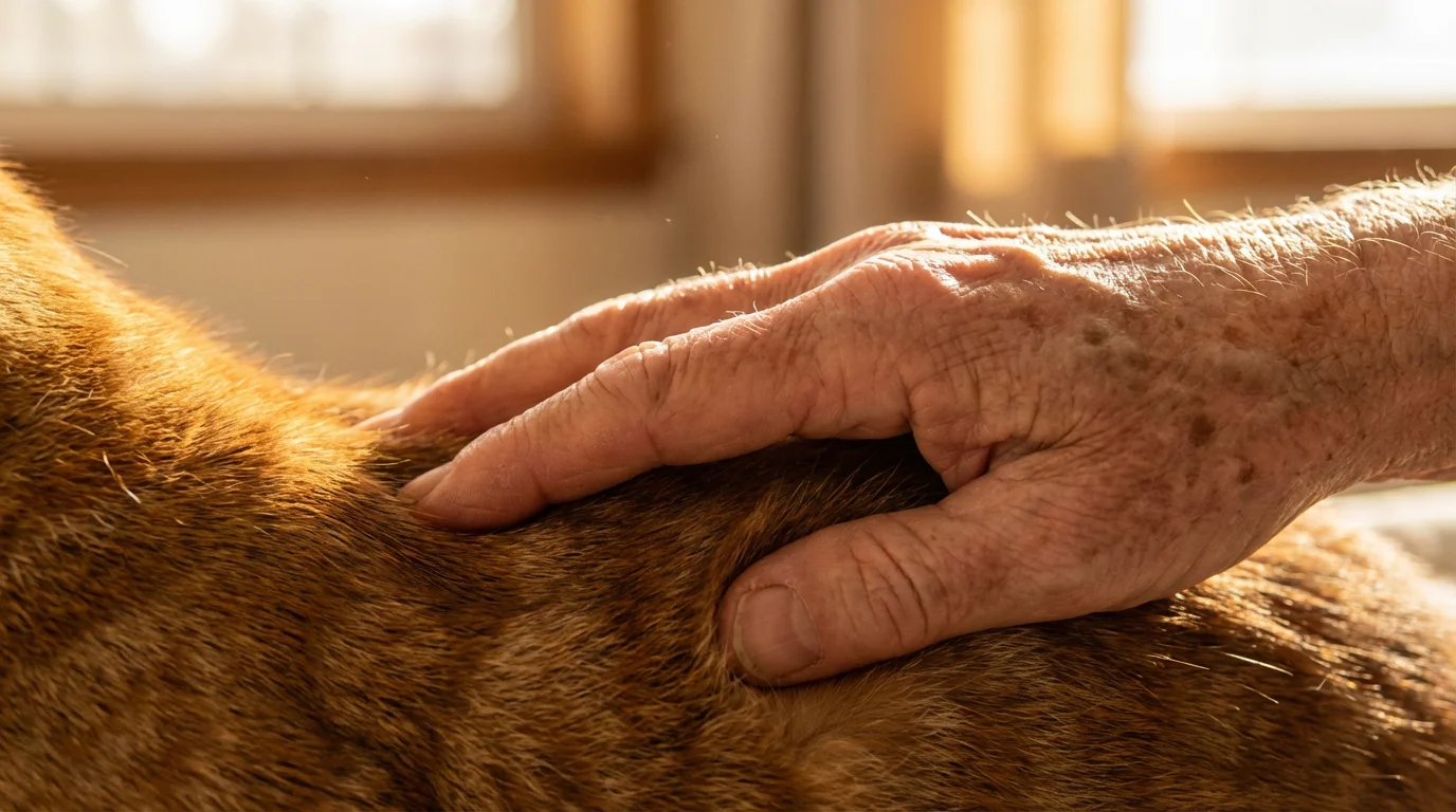 Close-up macro photo of a senior's hand gently petting a calm tabby cat.