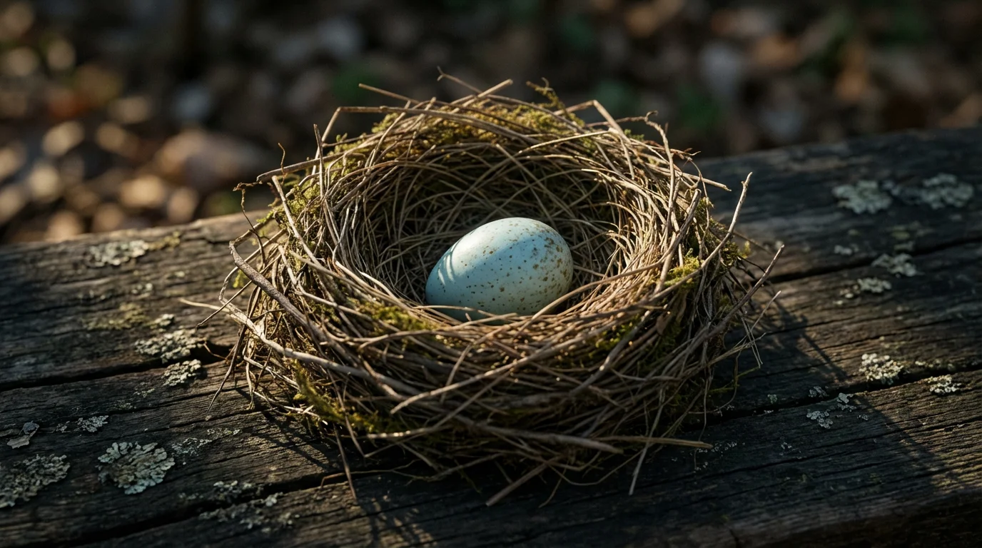 Close-up macro photo of a single blue egg resting safely inside a bird's nest.
