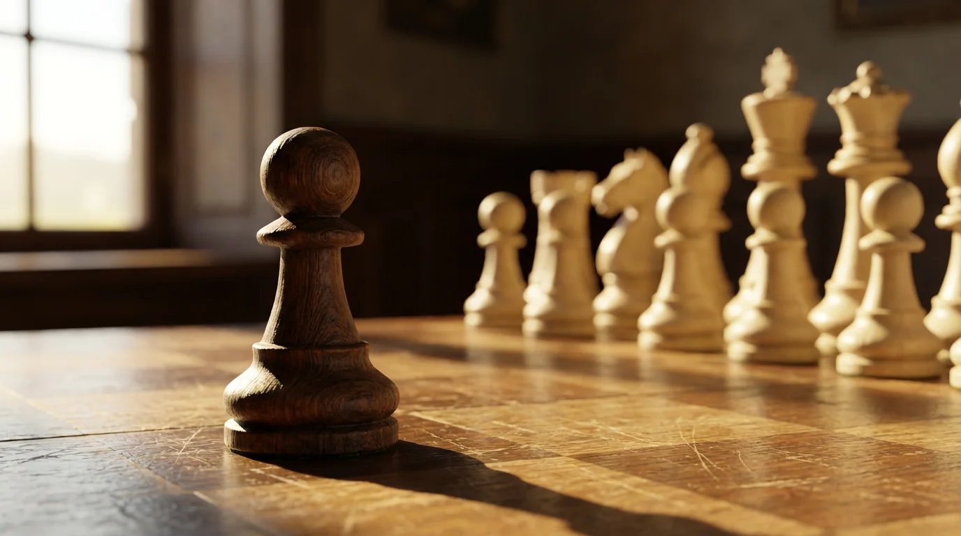 Close-up macro photo of a single chess pawn facing many opposing pieces with long shadows.