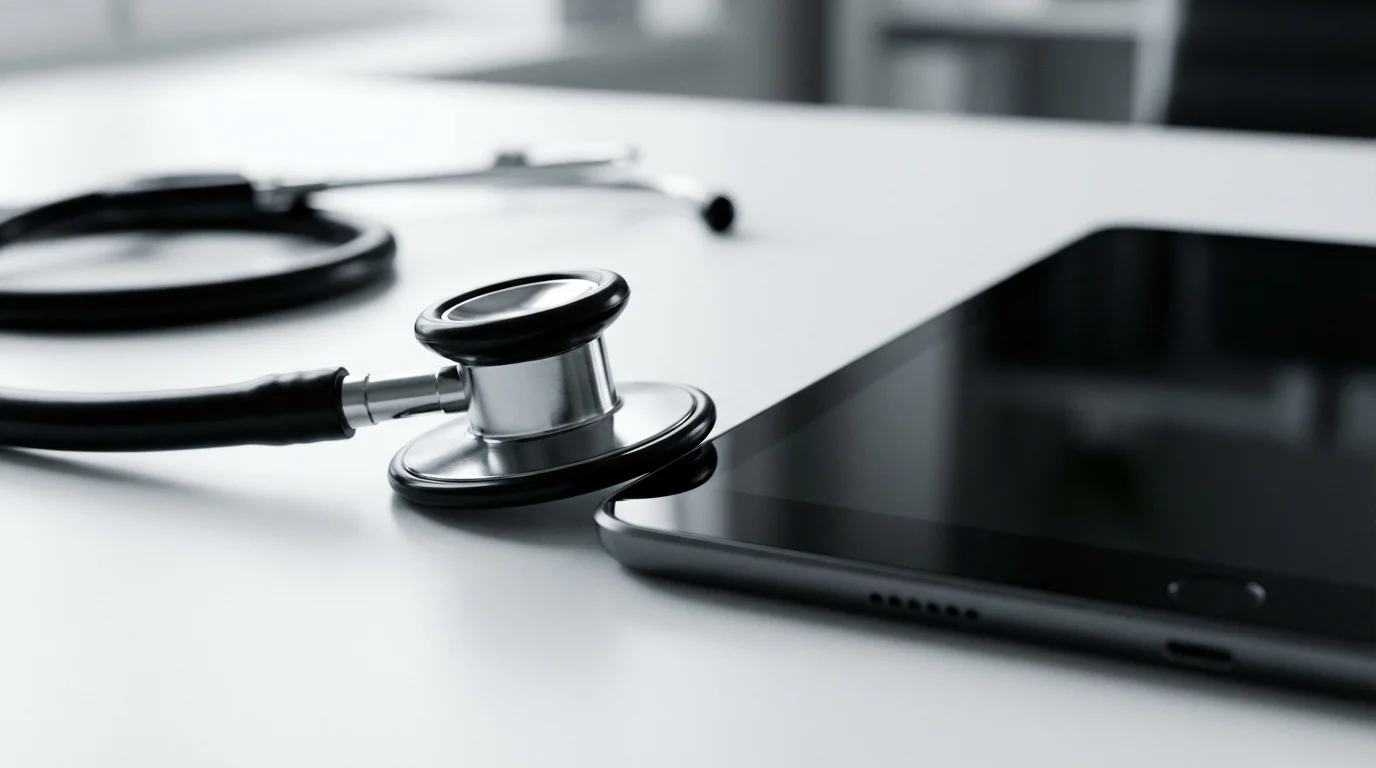 Close-up macro photo of a stethoscope resting beside a modern tablet on a desk.