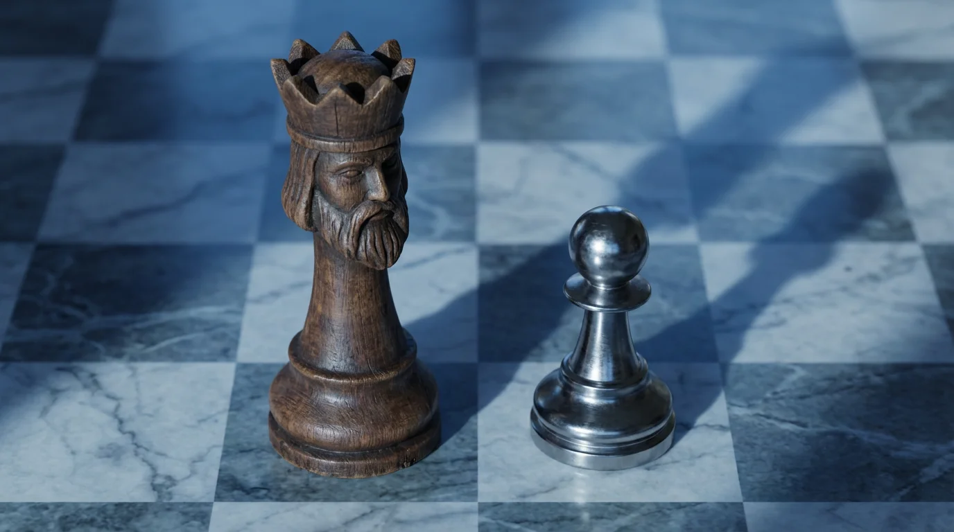 Close-up macro photo of a wooden king and a metal pawn facing off on a chessboard.
